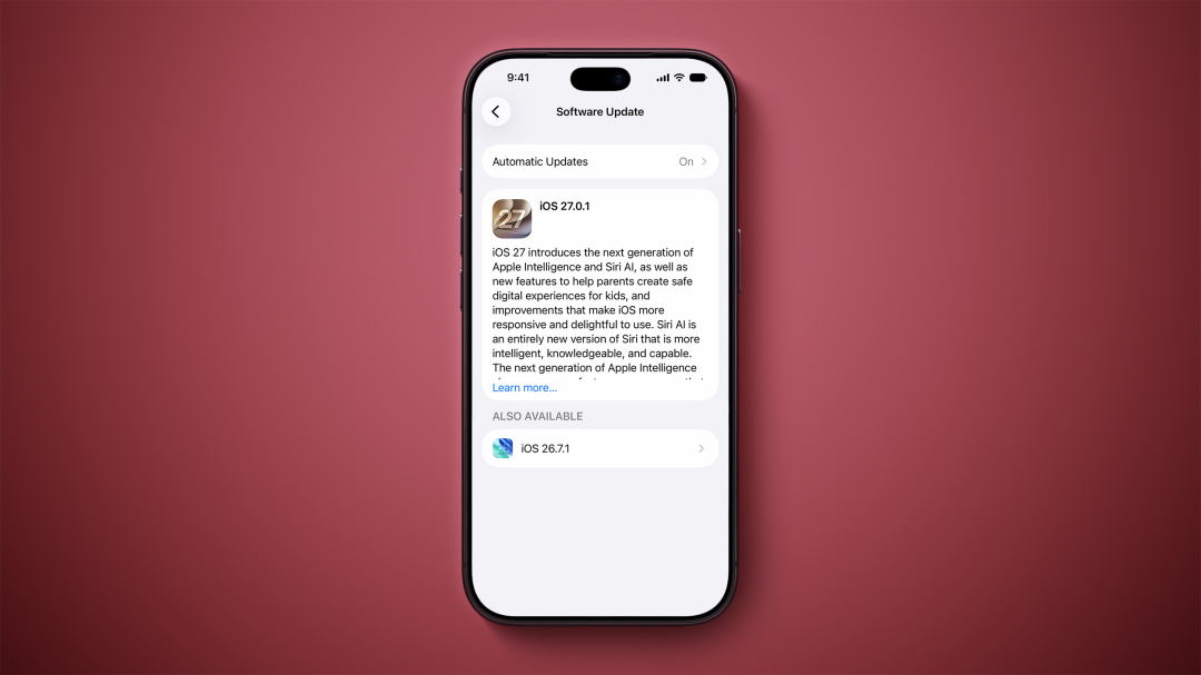 iOS 27.0.1软件更新界面:Apple Intelligence与Siri AI新功能