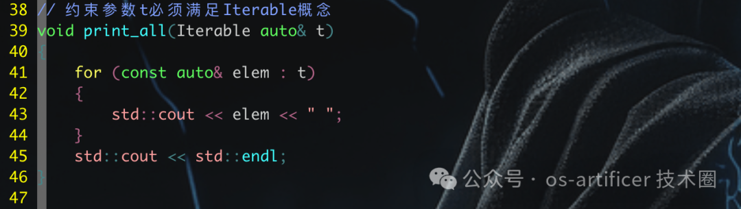 使用 `void print_all(Iterable auto& t)` 简写语法的代码示例