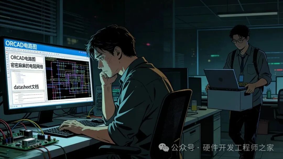 硬件工程师在深夜使用ORCAD软件进行电路设计的场景
