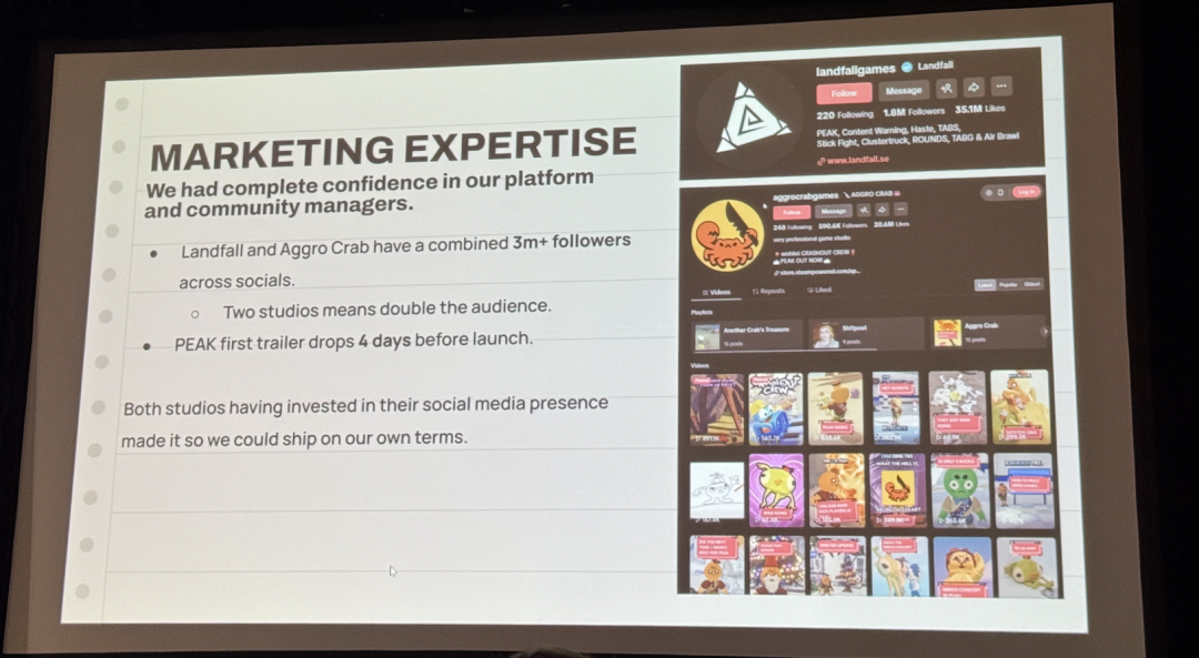 “营销专长”幻灯片，展示两家工作室的社交媒体影响力