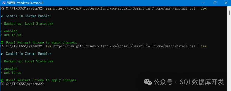Windows PowerShell管理员窗口执行启用脚本的成功输出