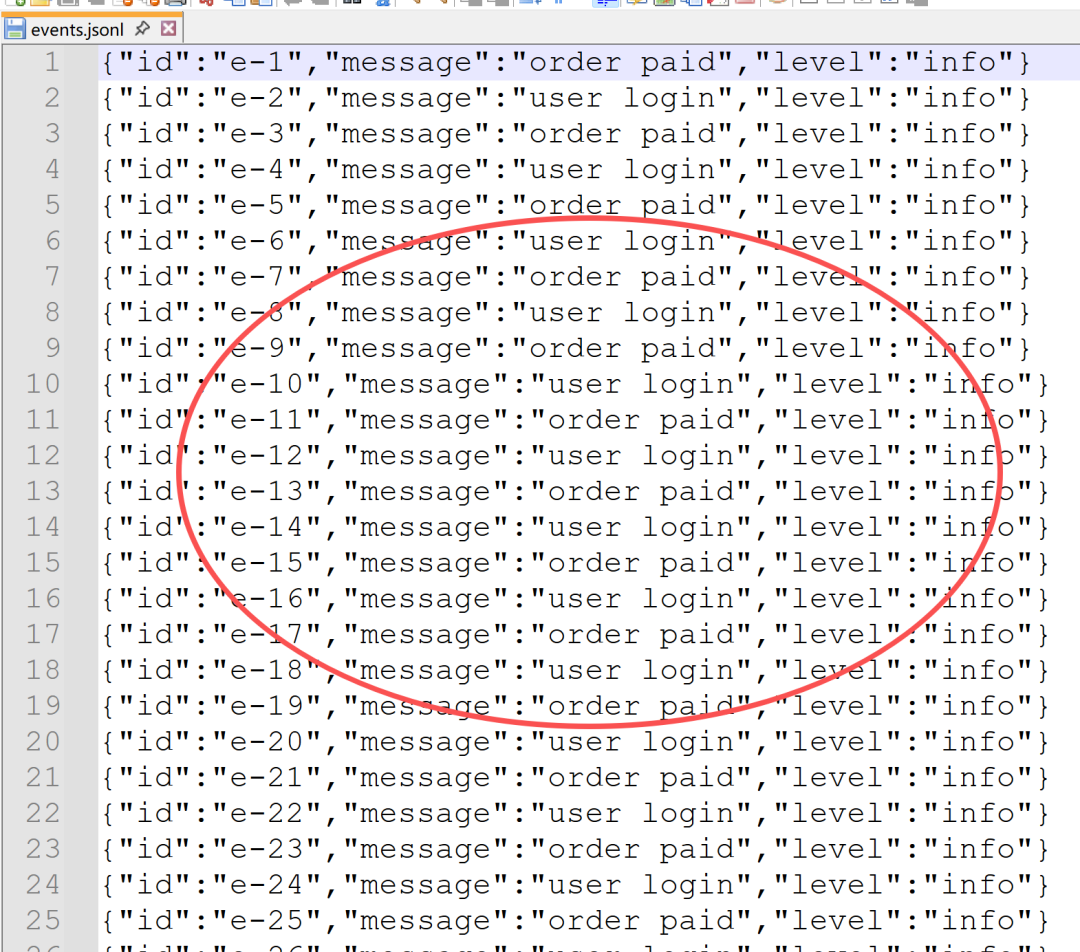 events.jsonl文件内容展示多行JSON格式日志事件