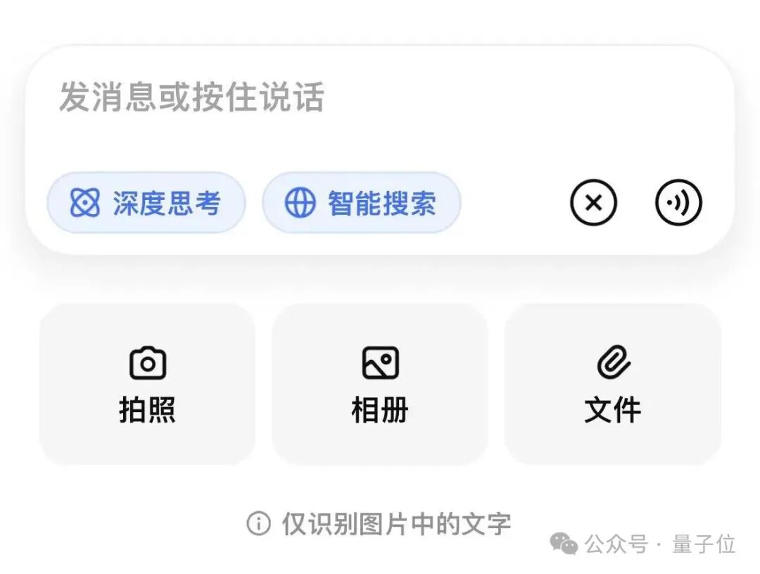 旧版DeepSeek输入框界面，底部提示“仅识别图片中的文字”，功能按钮包括深度思考和智能搜索