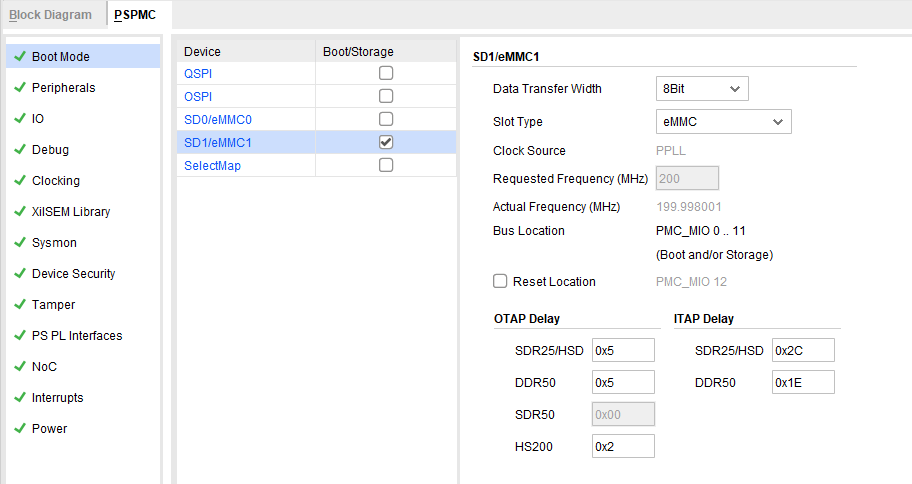 SPMC配置界面中选中SD1/eMMC1启动模式