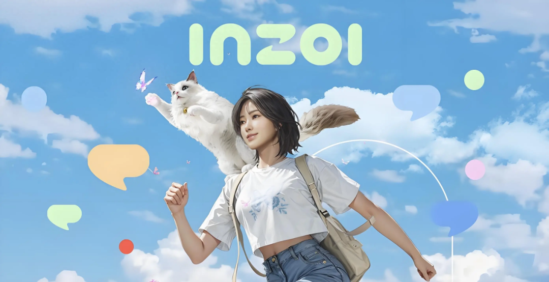 《inZOI》插画风宣传图:少女与猫在蓝天白云下奔跑