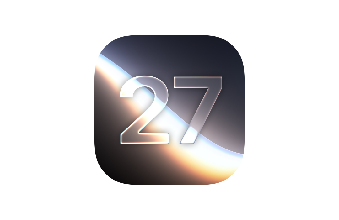 深灰背景上带有彩色光带的立体数字27图标,象征iOS 27