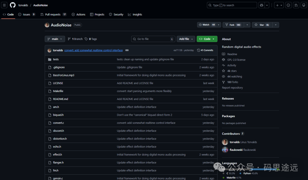 Linus Torvalds 的 AudioNoise 项目 GitHub 页面