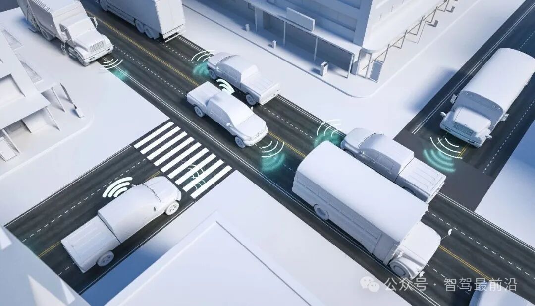 一幅未来城市交通场景的俯视图,展示多辆自动驾驶车辆协同感知