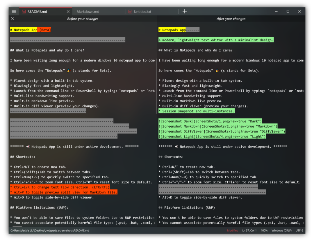 Notepads Diff 对比视图截图，显示修改前后的Markdown文件