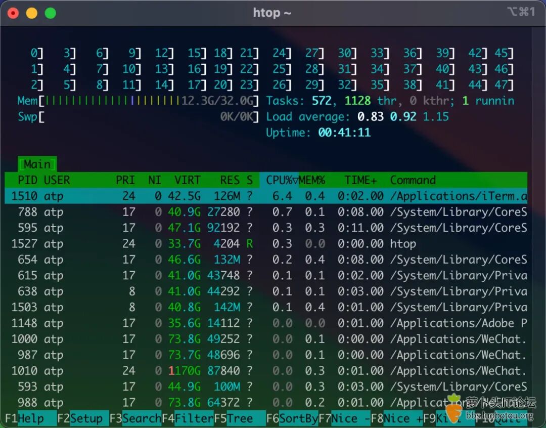 终端内htop进程监视器视图