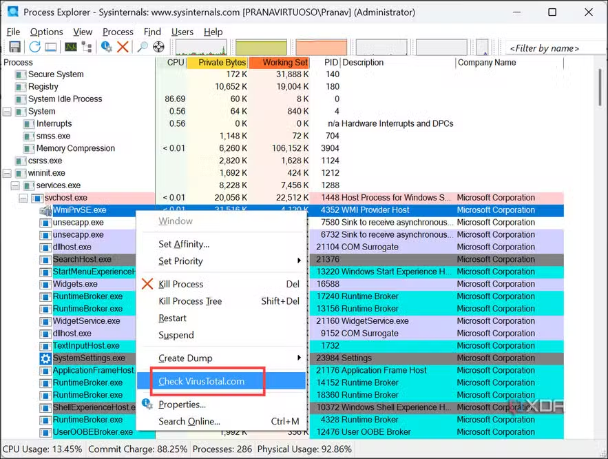Process Explorer 右键菜单 Check VirusTotal 选项