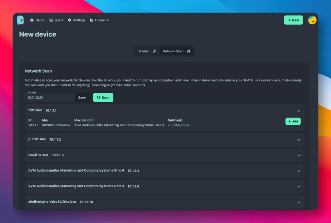 UpSnap网络扫描与设备自动发现界面