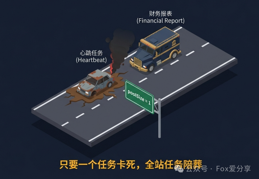 单线程池导致任务阻塞的交通隐喻图