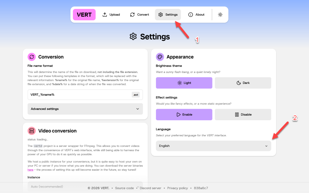 VERT 设置页面，标注了Settings菜单和语言选项