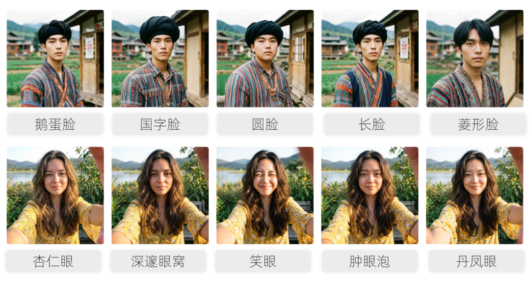 展示同一人物在不同脸型和眼型下的生成效果对比