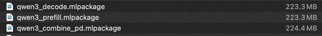 qwen3_decode.mlpakage、qwen3_prefill.mlpakage、qwen3_combine_pd.mlpakage文件大小对比