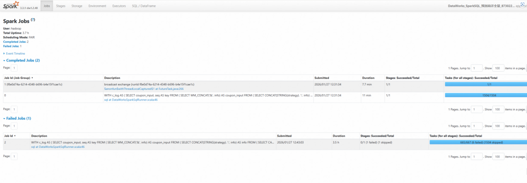 Spark UI Jobs页面作业列表截图