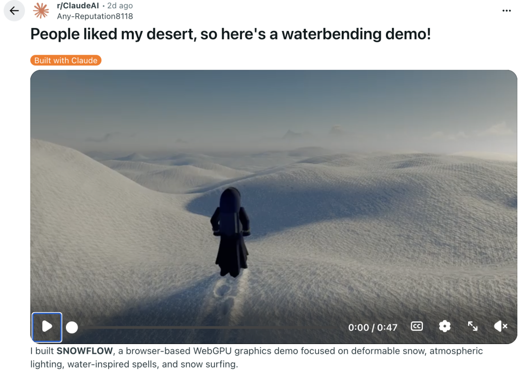 Reddit SNOWFLOW WebGPU 演示帖子截图