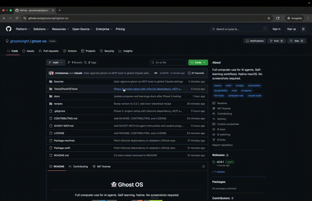Ghost-OS GitHub项目页面与macOS系统权限配置流程