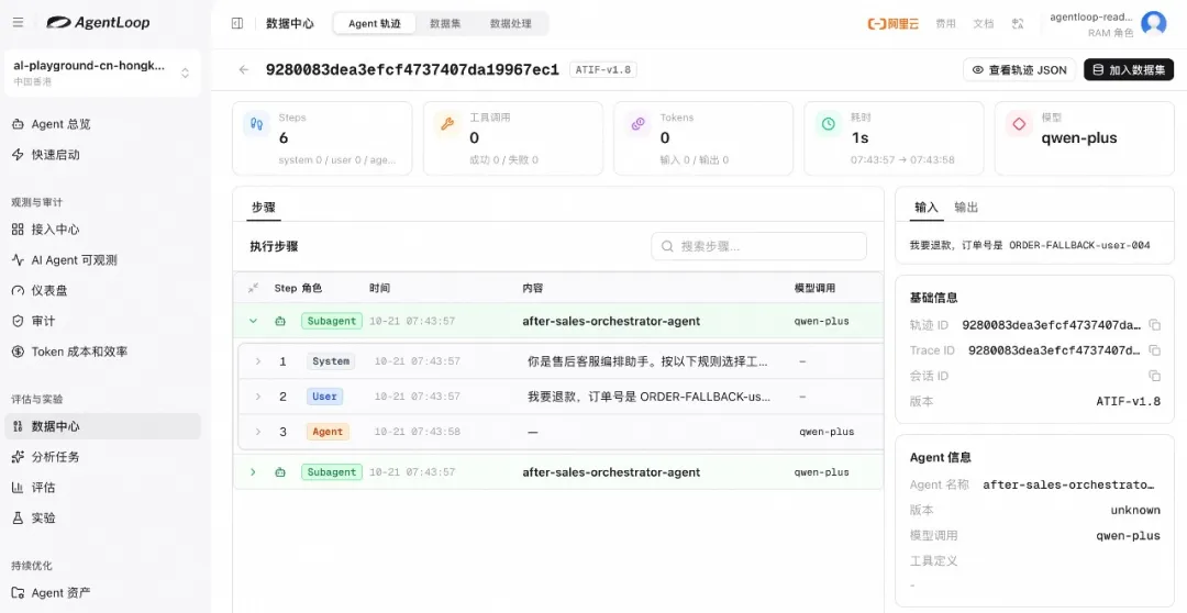 AgentLoop平台展示智能体轨迹详情与Token消耗