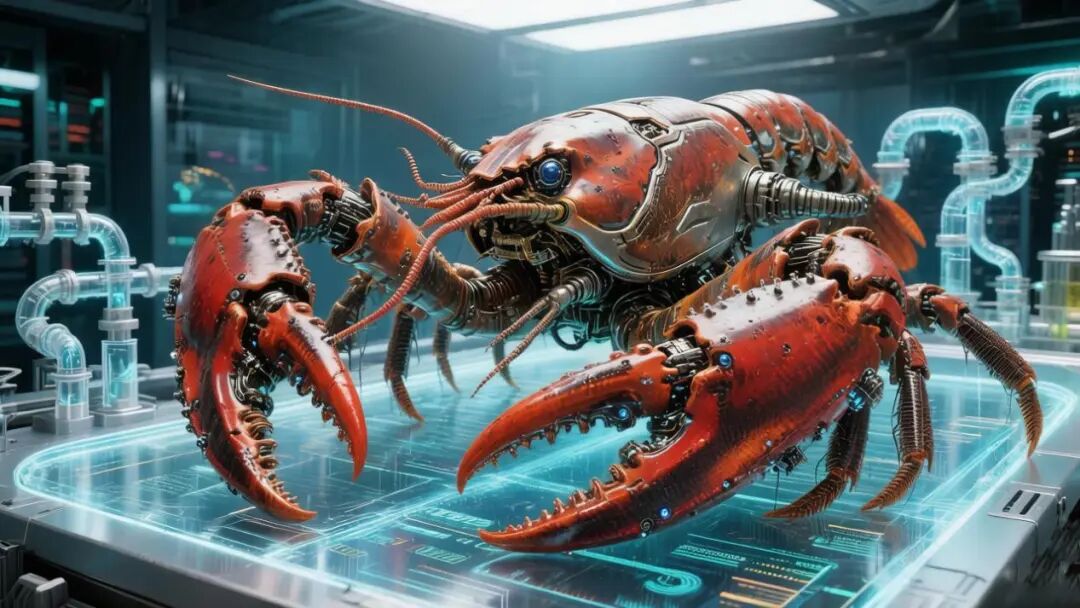 一只金属龙虾站在充满管线的高科技实验室中
