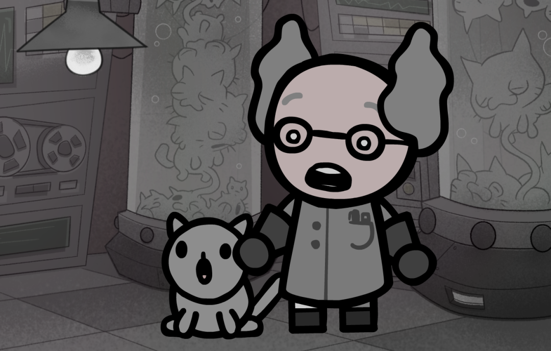 《喵喵的结合》概念图：科学家与猫在实验室