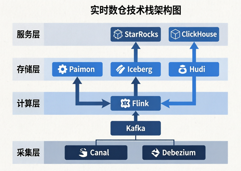 实时数仓四层架构图，展示了从采集层到服务层的数据流向