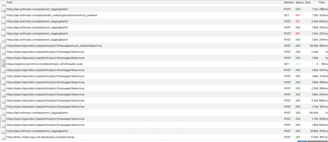 mitmproxy 捕获到的网络请求列表，包含多个 Anthropic API 请求