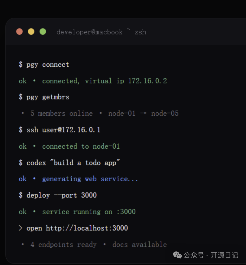 蒲公英 pgy 命令连接与 Codex 部署 Web 服务截图