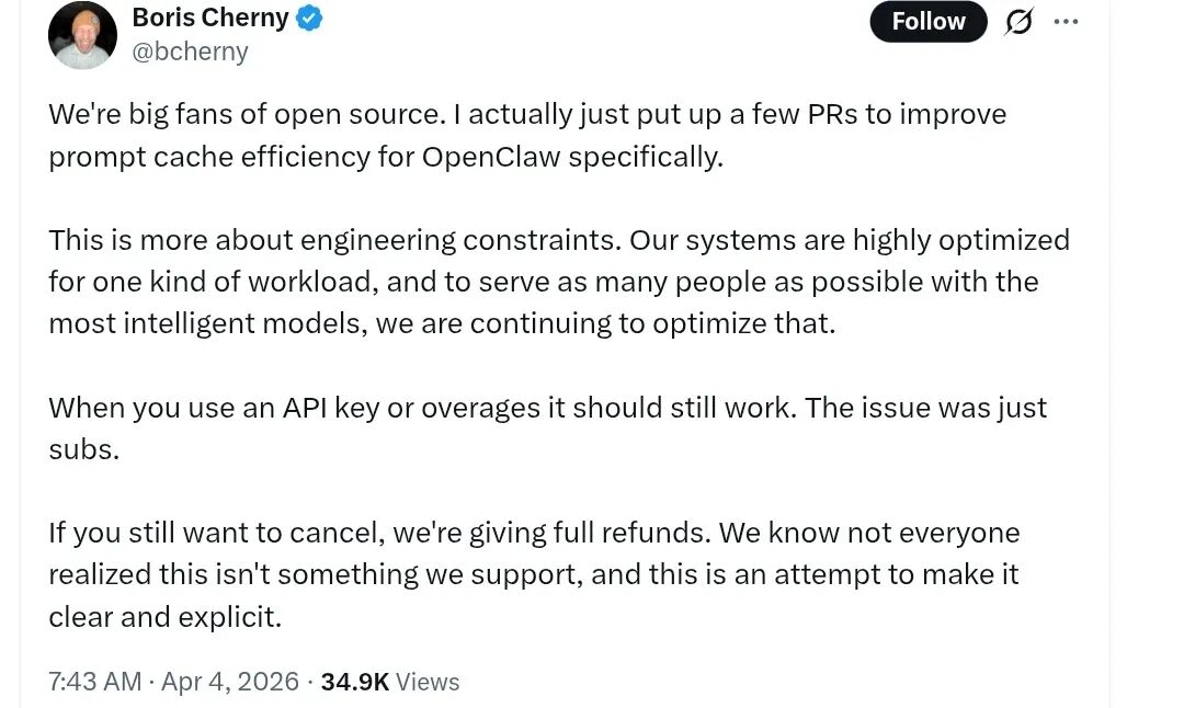 Anthropic负责人澄清支持开源但受工程限制的推文截图