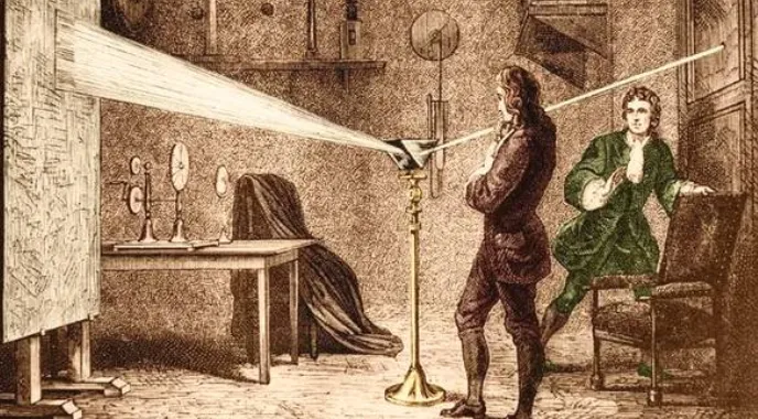 描绘牛顿进行棱镜实验的复古风格插画