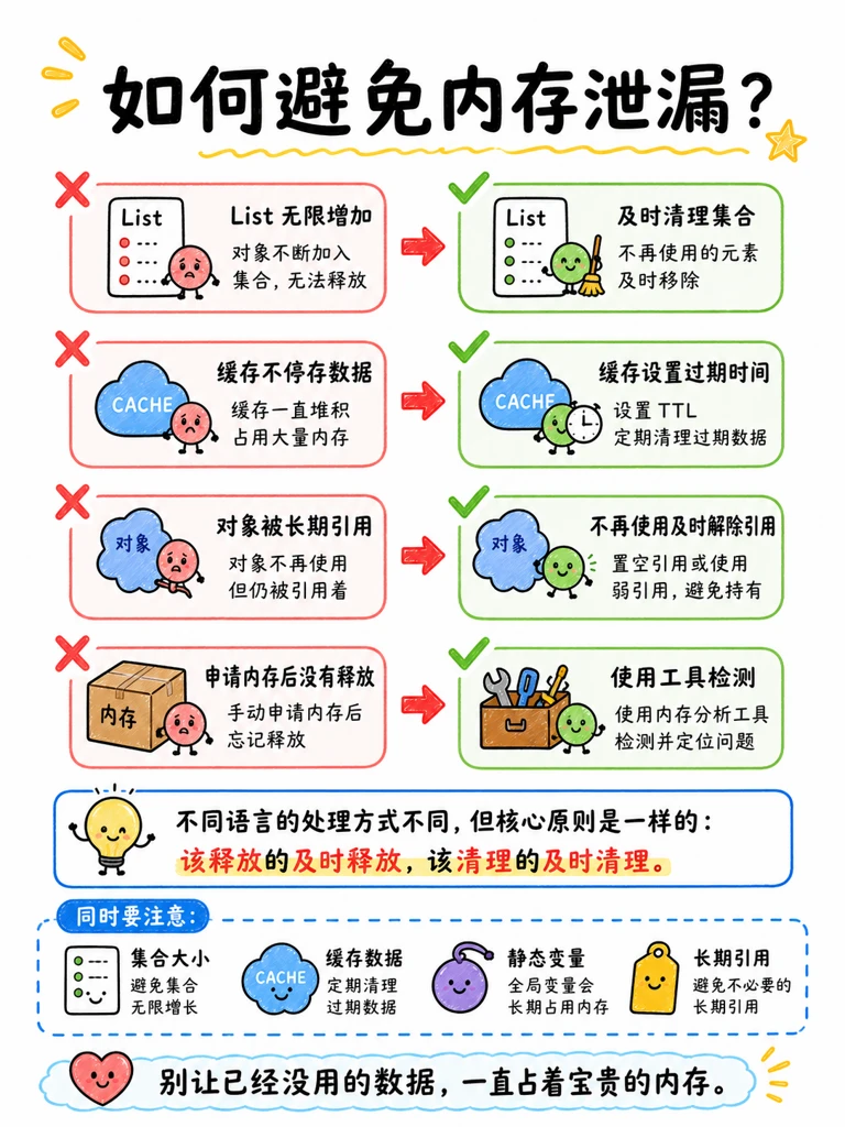 如何避免内存泄漏:及时清理集合、缓存设置TTL、解除引用、使用检测工具