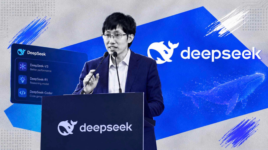 DeepSeek发布会现场,讲台显示DeepSeek-V3、DeepSeek-R1、DeepSeek-Coder系列模型