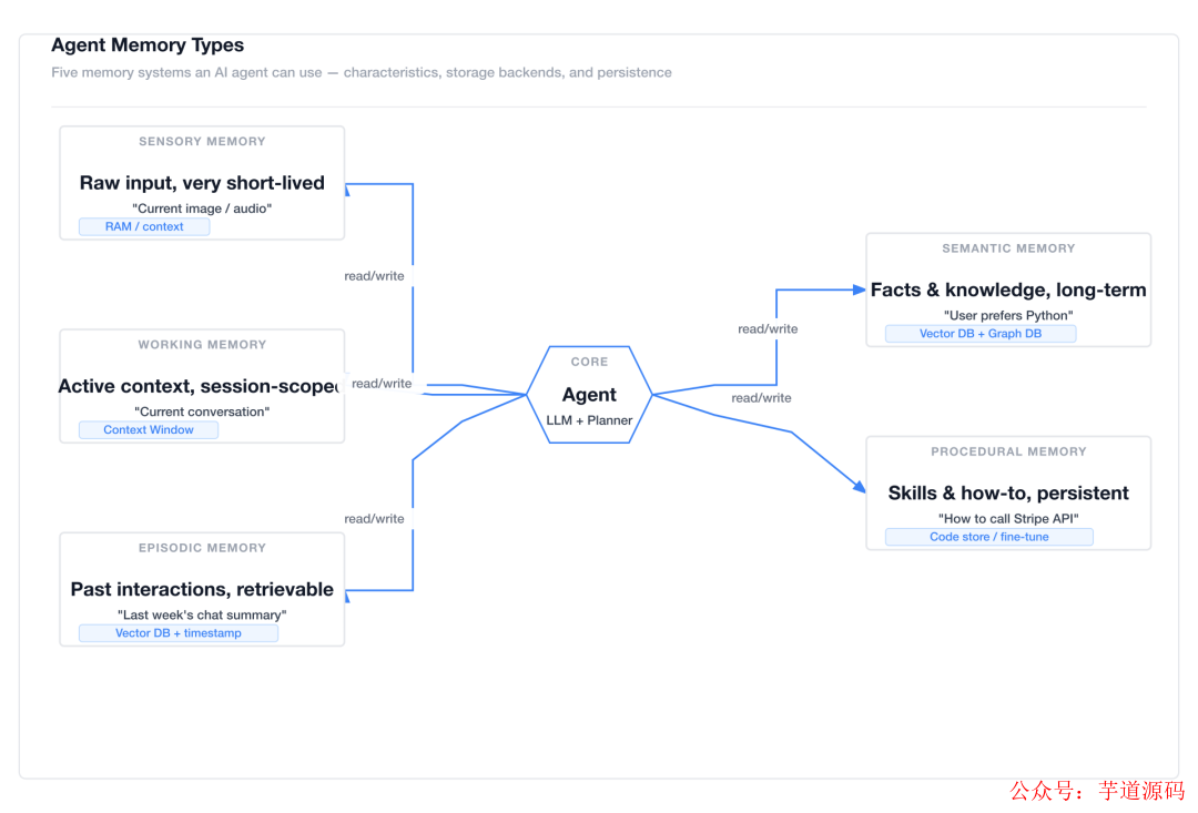 Style 4 Notion Clean — Agent 记忆类型图，纯白背景，简洁线条，配色克制，适合内部文档