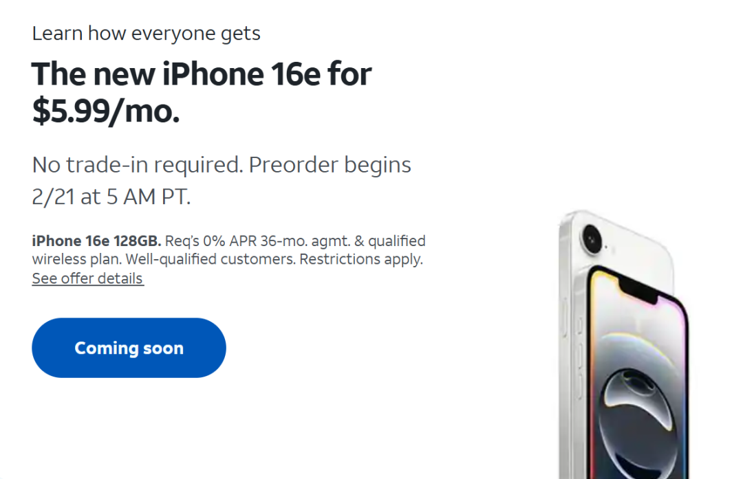 iPhone 16e合约机促销广告，月费5.99美元