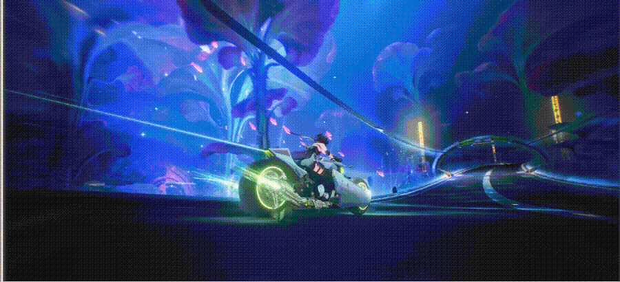 角色驾驶摩托车在夜晚城市、水面、草地等不同环境行驶