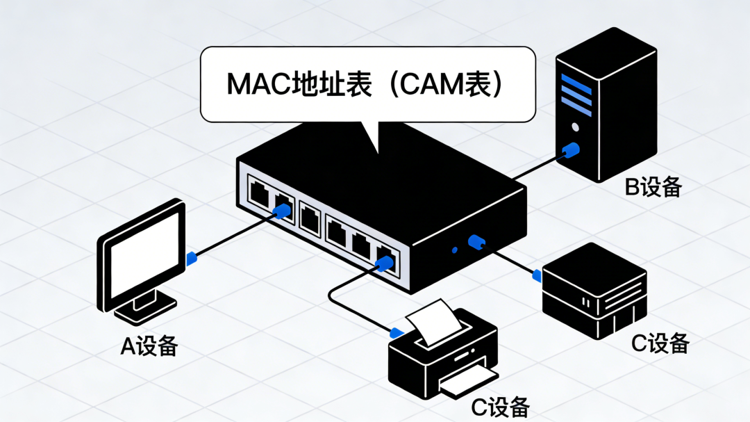 交换机与三台设备连接及MAC表示意图