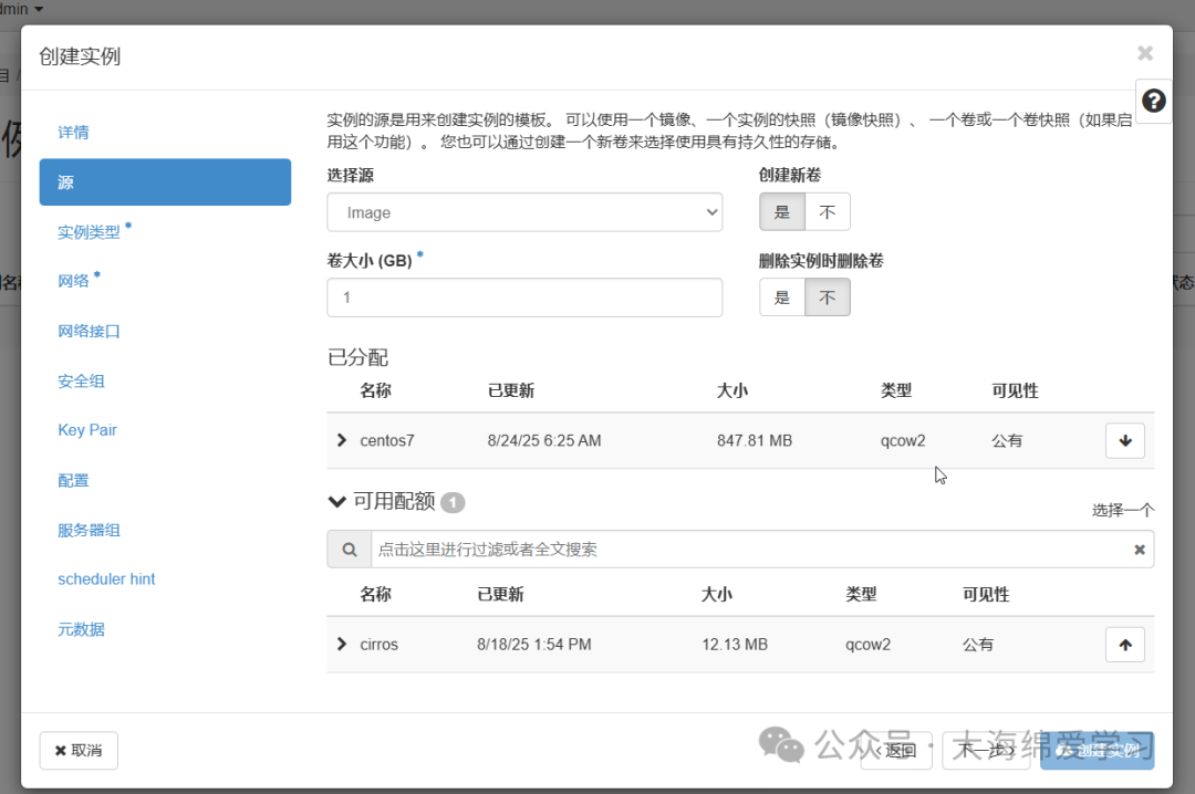 源选项卡界面，已分配镜像列表含centos7（847.81 MB），可用配额含cirros（12.13 MB）
