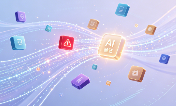 AI验证与代码安全概念图，展现数据流动与智能分析场景