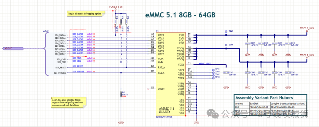 eMMC 5.1接口电路原理图，包含电源滤波、信号匹配及芯片连接