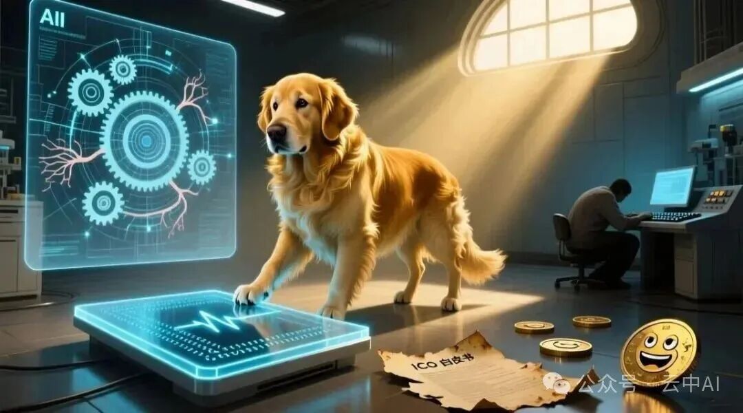 带有幽默讽刺色彩的AI与狗合作概念图