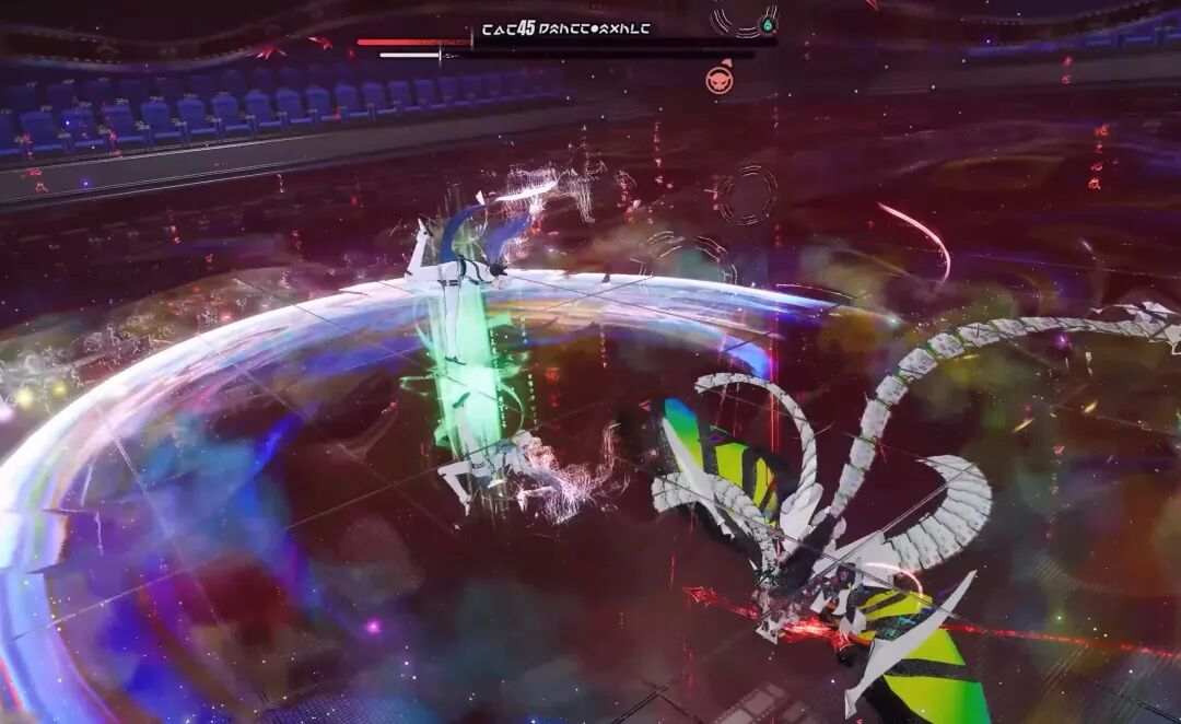 异环战斗场景截图：两名角色在竞技场中激烈对战，周围闪烁着光效与能量特效