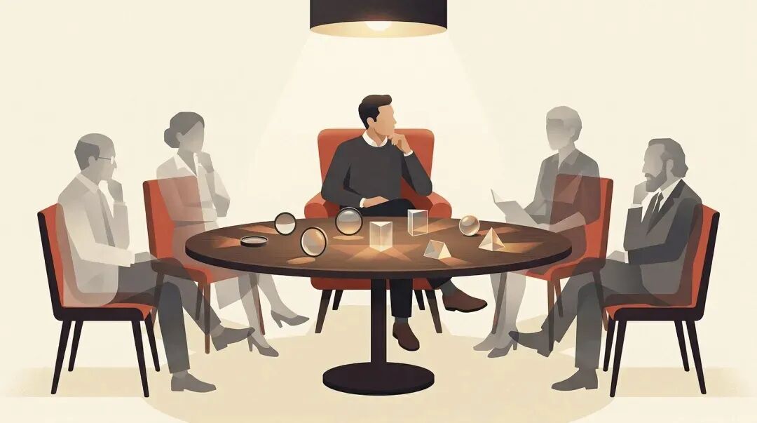 一张描绘多人围桌讨论的插画，象征思维碰撞与提炼