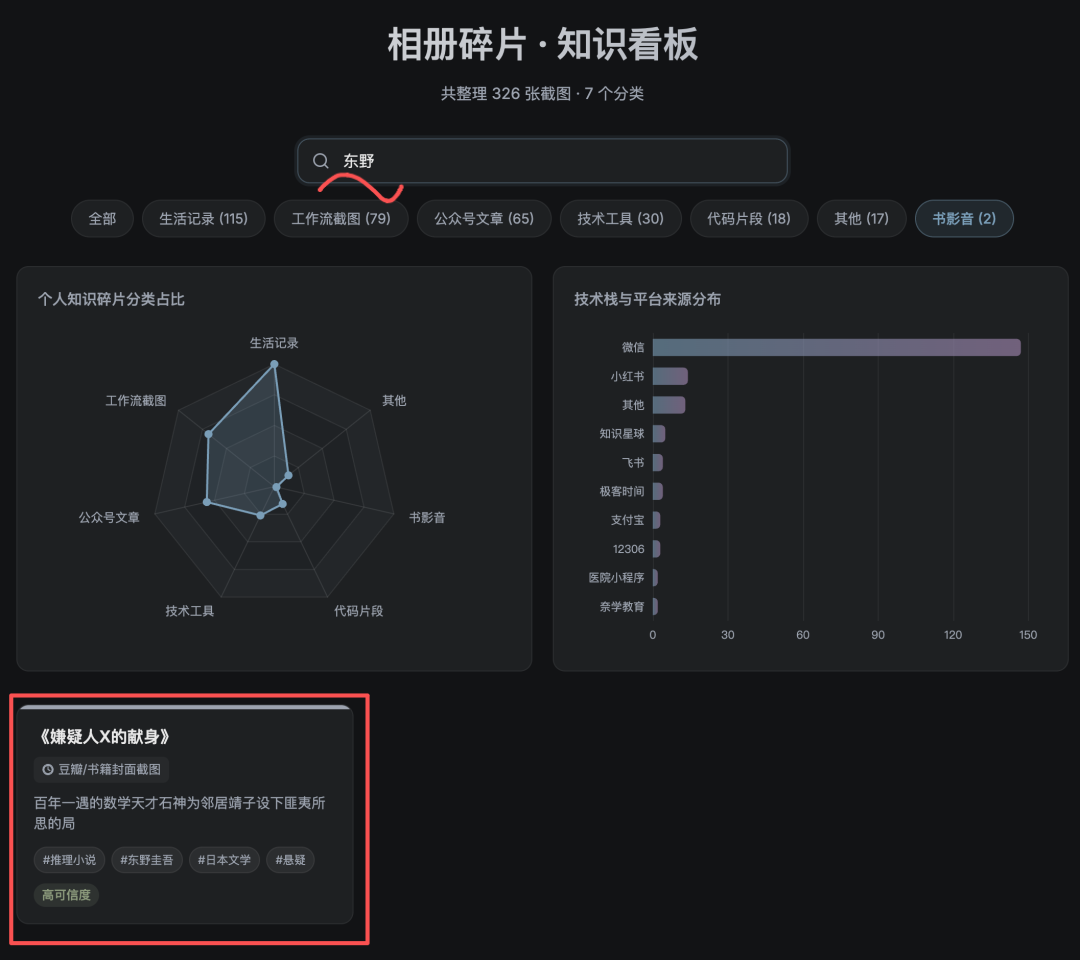 搜索“东野”后的知识碎片检索结果