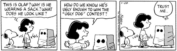 查理·布朗询问奥拉夫为何戴纸袋的漫画