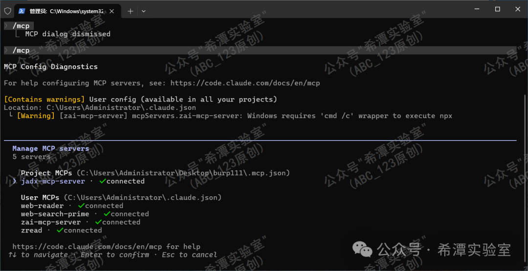 Claude 终端界面,显示 MCP 服务器配置诊断与连接状态