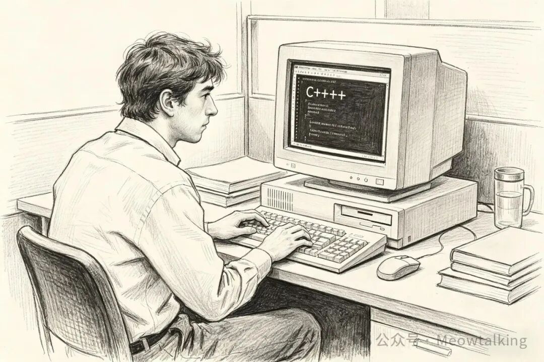 程序员在电脑前写C++代码，屏幕显示Hello World程序
