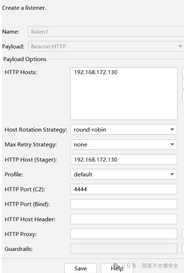 CS监听器配置界面：名称listen1，载荷Beacon HTTP，Host为192.168.172.130，端口4444