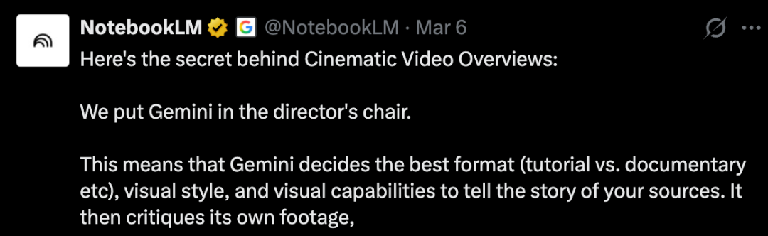 NotebookLM 官方推文截图，宣布其“电影级视频概览”功能