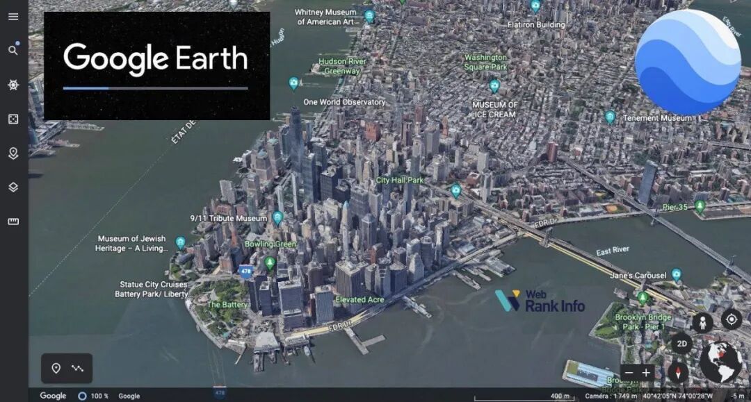 Google Earth展示的纽约曼哈顿下城卫星视图,包含世贸中心、自由女神像等地标